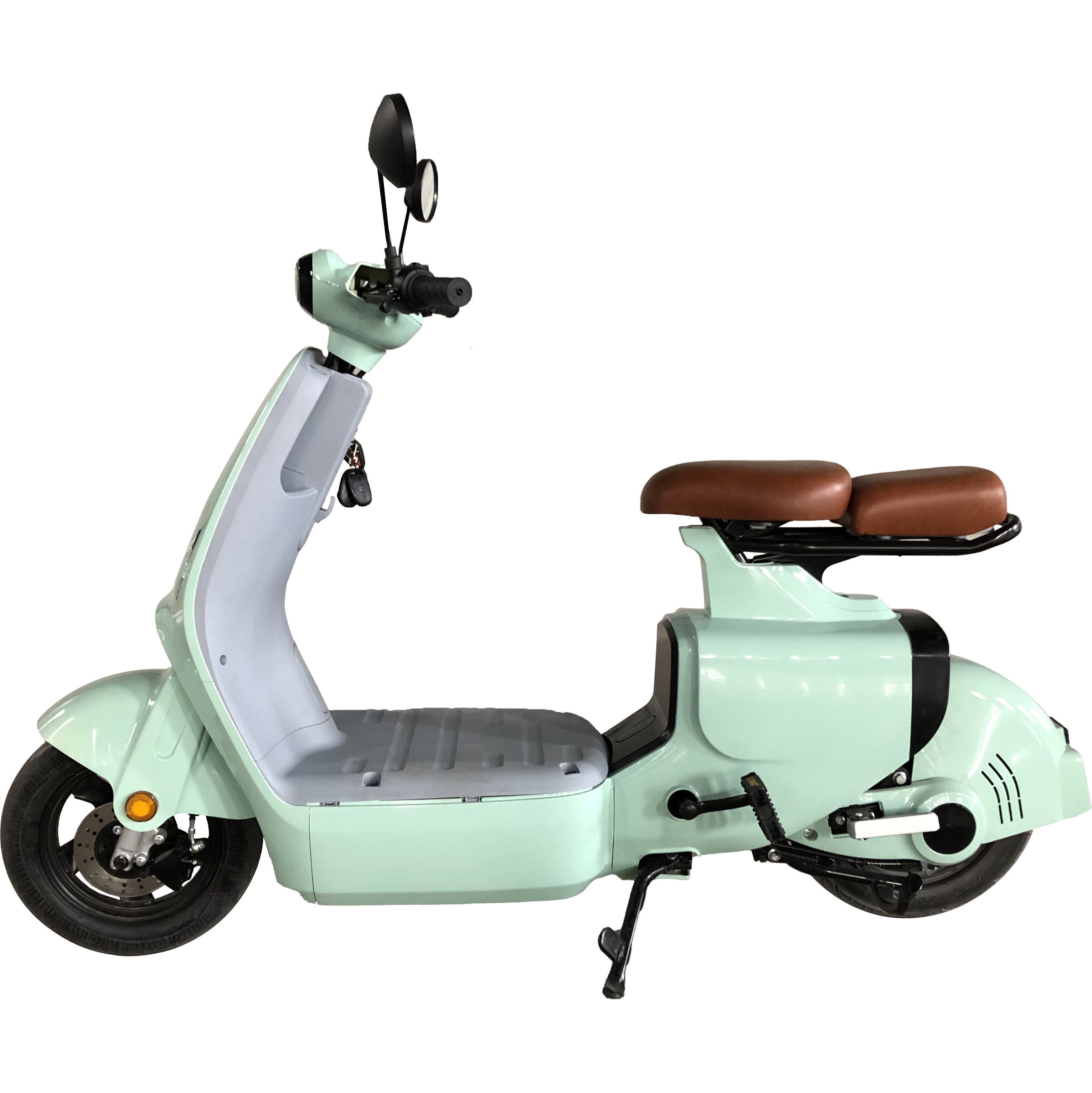 H1 mint green lightweight electric bike side view, two-seater e-bike with removable battery for urban commuting