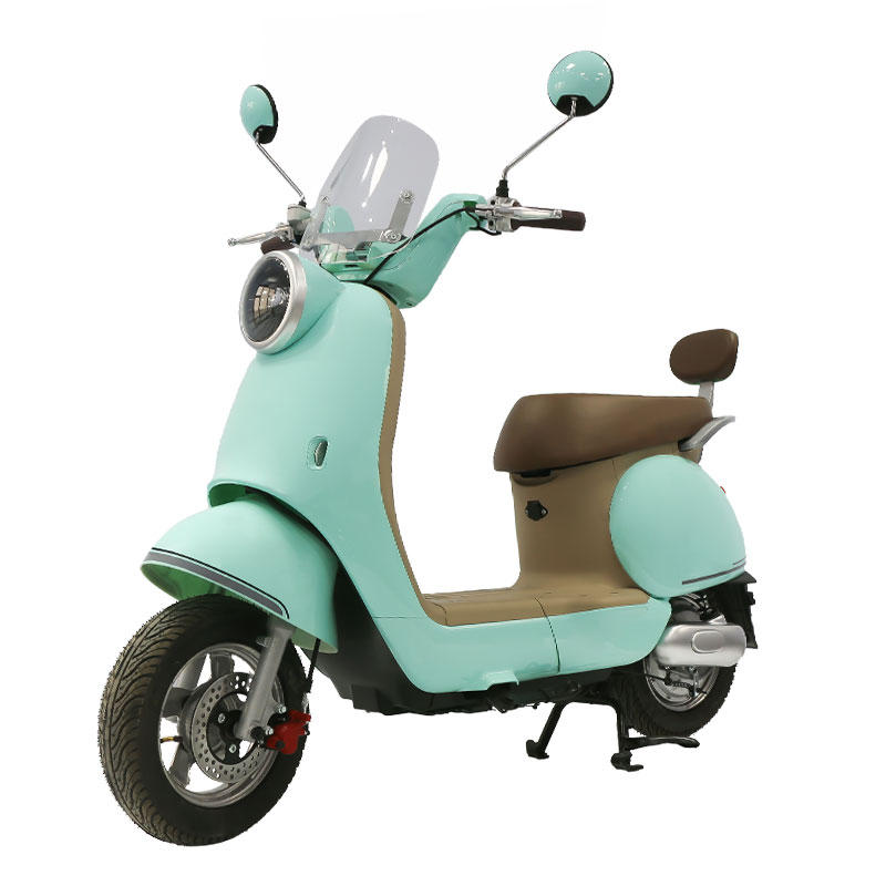 Retro mint green lightweight electric moped, women's vintage-style e-scooter for urban commuting