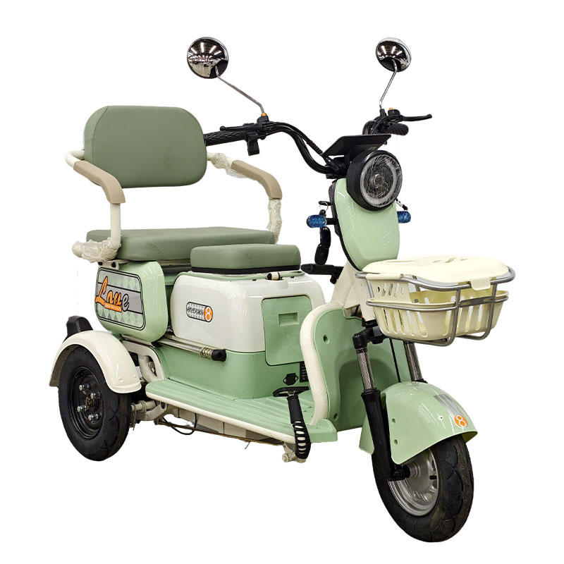 Mint green 3-wheel electric tricycle, family-use compact mobility scooter with rear storage and front basket